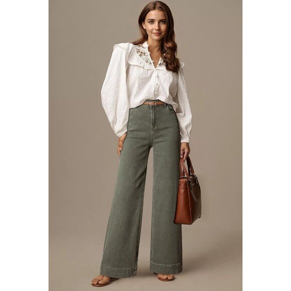 Women Guacamole Green Wide Leg Denim Jeans Stretchy Loose Pant with Pockets - Picture 3 of 6